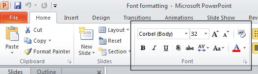Make sure that the Home tab is displayed and you will see the following icons relating to basic text formatting.
