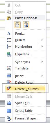 Right click within the cell and from the popup menu displayed, select the Delete Columns command.