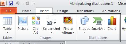 PowerPoint 2010 Foundation Page 96 Moving illustrations between presentations Display the contents of the presentation called Manipulating illustrations 1.