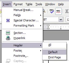 Inserting Header and Footer Inserting Header and Footer To insert a header, choose Insert > Header. Similarly, to insert a footer, choose Footer.