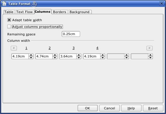 Creating a table Figure 35: Table Format dialog box: Columns page Selecting background colors and graphics The background of a table, a cell, or a group of cells can be set to a color or a background