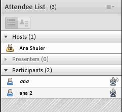 3. When an attendee is broadcasting audio, the microphone icon is displayed next to their name in the Attendees pod. B.