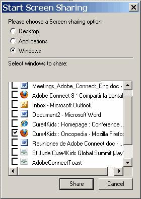 4. Choose the options to share: Desktop, Windows, or Application.