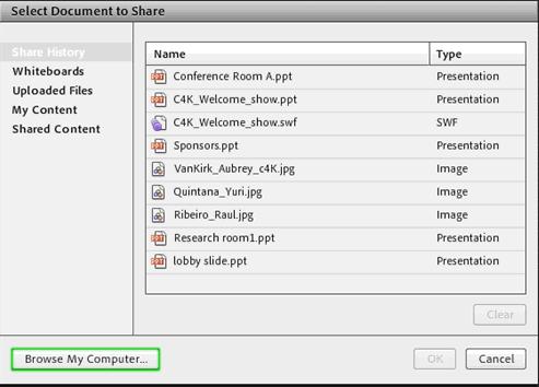 D. Share a Presentation or a Document 1. Click on Share Document. 2. A Select Document to Share window will appear. This is the Content Library.