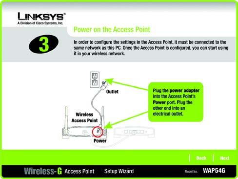 5. Connect the power adapter to the Access Point and an electrical outlet. Then click the Next button.