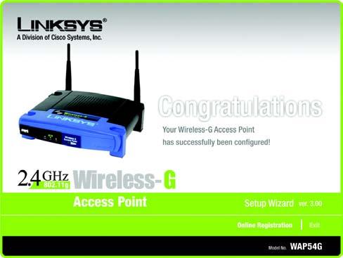 The Congratulations screen will appear. Click the Online Registration button to register the Access Point, or click the Exit button to exit the Setup Wizard. Congratulations! The installation of the Wireless-G Access Point is complete.
