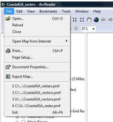 Menu Bar The menu bar allows access to different commands and is located at the top of the map document. The seven menus are: File, Edit, View, Bookmarks, Tools, Windows, and Help.