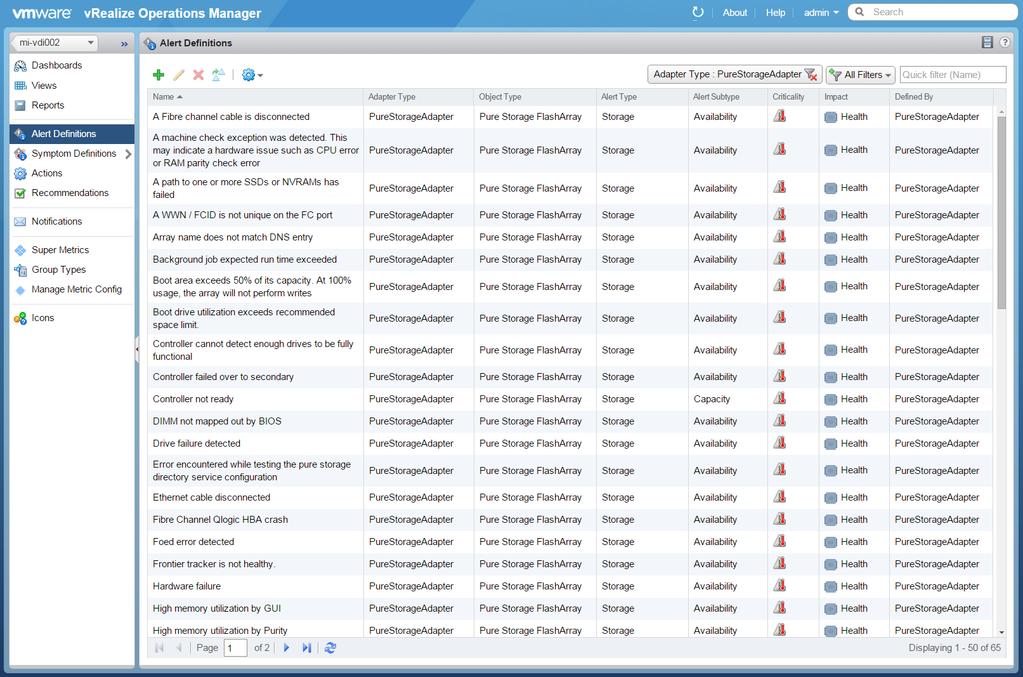 Alerts To see the list of preconfigured alerts for the Pure Storage FlashArray, select Content > Alert Definitions.
