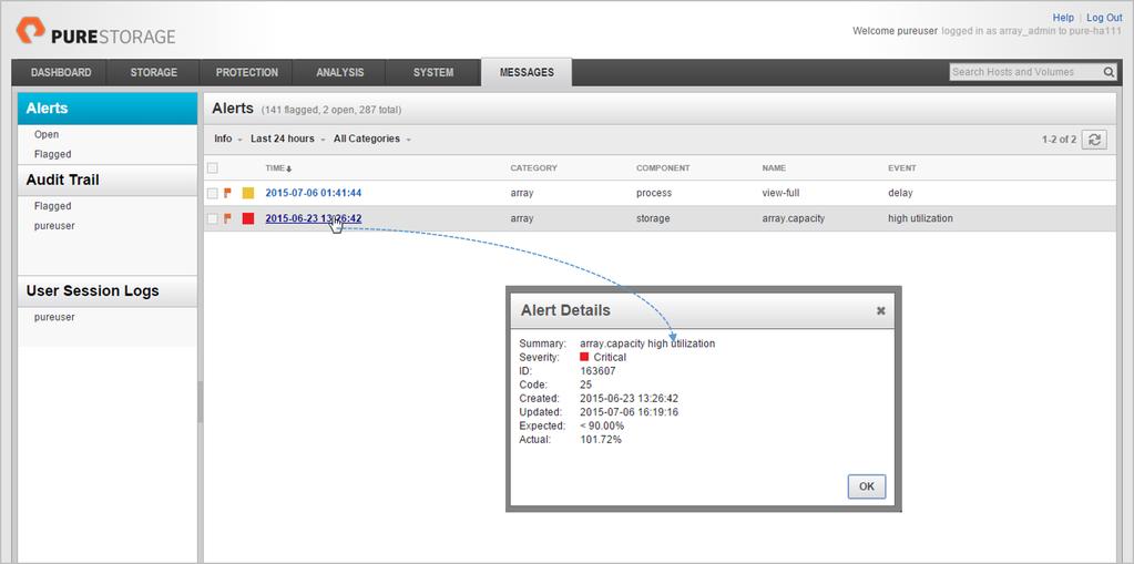 You can also analyze the alert details through the Purity GUI by selecting Actions > Open