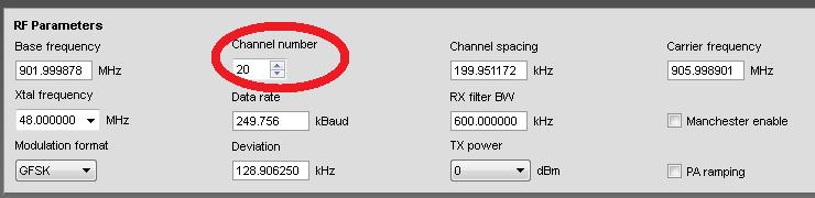 902MHz are selected" B.5.4. In the RF parameters window, select a channel from 1-25 to be used for communication.
