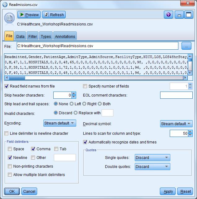 Using the button to the right of the file textbox go to the following directory and select the following file: C:\Healthcare_Workshop\Readmissions.csv Click the Apply button and then the Ok button.