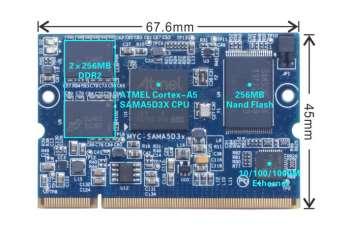 MYC-SAMA5D3X CPU Module - 536MHz Atmel SAMA5D3 Series ARM Cortex-A5 Processors - 512MB DDR2 SDRAM (256MB is optional) - 256MB Nand Flash, 16MB Nor Flash, 4MB Data Flash - On-board Gigabit Ethernet