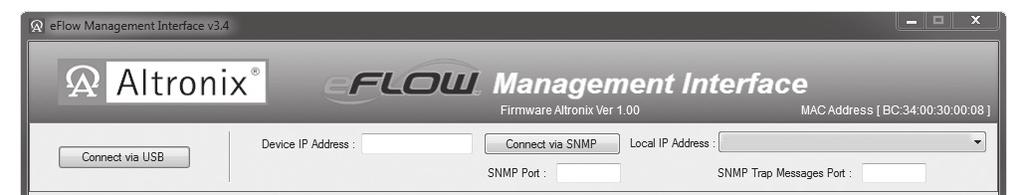 Initial Network Configuration via USB: 1. Open the eflow Management software. 2. Click Connect via USB button (Fig. 3, pg. 4). Fig. 3 3. Click Network Settings tab (Fig. 4, pg. 4). eflow Authentication Required window will appear.
