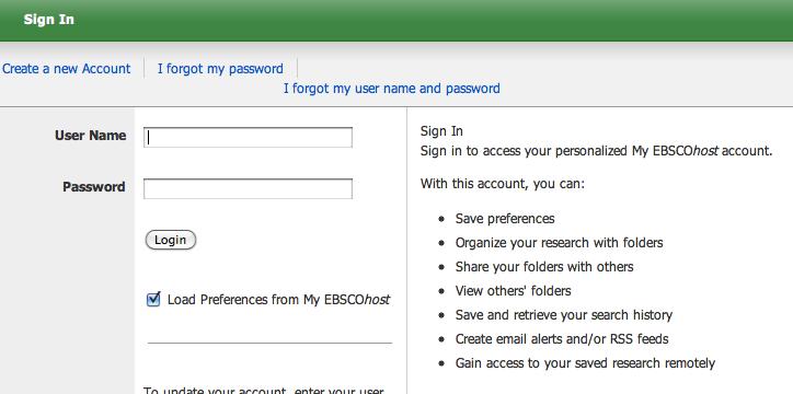 To create a personal account, click on Sign In to My EBSCOhost in the toolbar at the top of the screen.