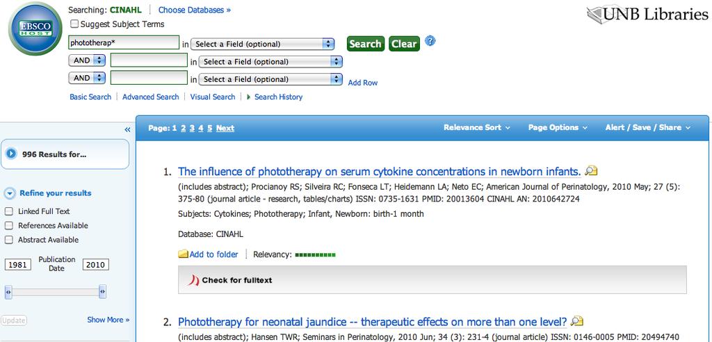 For example, type ne?t to find all citations containing neat, nest or next. EBSCOhost will not find net because the wildcard replaces a single character. Truncation is represented by an asterisk (*).