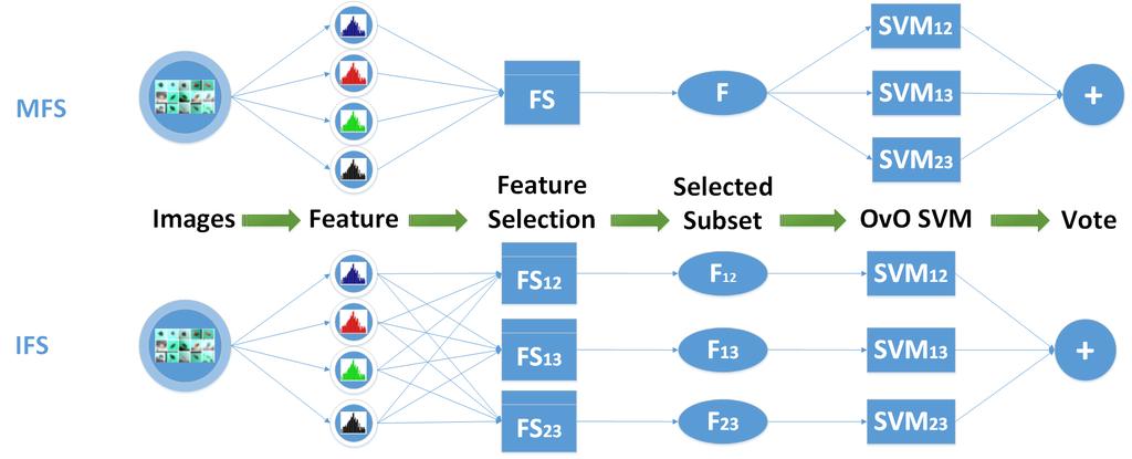 Fig. 2: Comparing the workflows of MFS and IFS. We choose an example that classifies three classes so the final prediction is calculated by voting from three OvO SVMs.