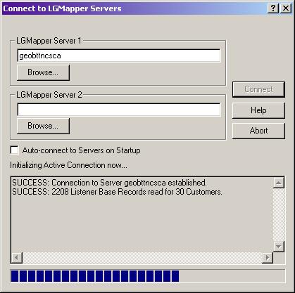 Chapter 2 Getting Started Connecting to an LGMapper Server Figure 2-2 Connect to LGMapper Servers dialog showing connection status If you revisit the Connect To Servers dialog later in the session,