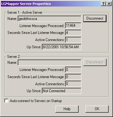 Chapter 2 Getting Started Connecting to an LGMapper Server Figure 2-3 Server Properties Dialog You can display this dialog in one of two ways: 1. Use the File > LGMapper Server Properties 2.