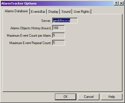 Tools Menu Chapter 3 AlarmTracker Client Menus Alarms Database EventsBar Display Sound User Rights All the options you select in these Property Pages are saved in the Registry between sessions.