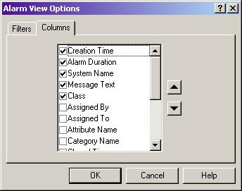 Chapter 7 Main View Alarm Details View Figure 7-2 Alarm View Options - Columns Tab You can control the width of the columns by dragging the column dividers in the control.