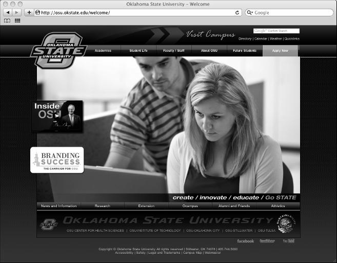 Chapter 1: Essential Joomla 9 Figure 1-1: The official Oklahoma State University Web site.