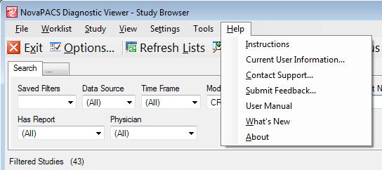 NovaPACS Diagnostic Viewer Chapter 8 Using the Study Browser Help Menu The Study Browser s Help Menu offers users help with using the Study Browser and Image Viewer functions.