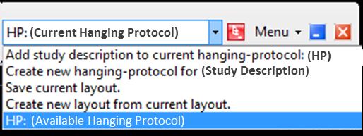 Chapter 9 Using the Image Viewer 9-2 Hanging Protocol Drop-down Menu The Hanging Protocol Drop-down Menu displays the name of the currently applied Hanging Protocol and offers five options users can