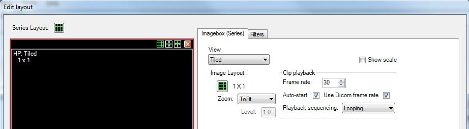 On the Imagebox (Series) tab, users can edit the View, Image Layout, and Clip Playback. The options for editing the View are as follows: iv. Tiled v. Cine vi.