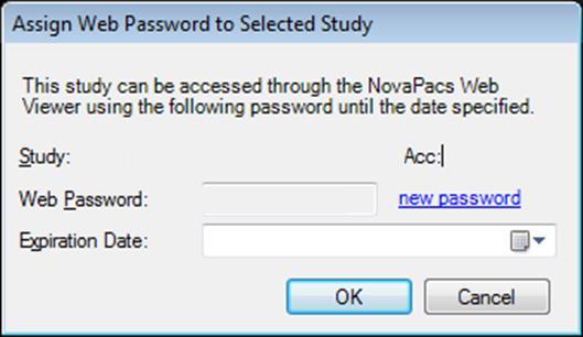 Chapter 10 Using the Image Viewer Study Menu 3. An Assign Web Password to Selected Study dialog box will appear. A randomly generated password is assigned automatically.