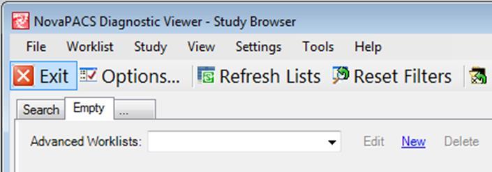 The Advanced Worklist tab is located to the right of the Study Browser s Search tab. The tab will either be labeled Advanced Worklist or will be a blank tab.