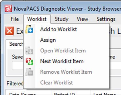 NovaPACS Diagnostic Viewer Chapter 4 Using the Study Browser Worklist Menu The Study Browser s Worklist Menu contains Worklist functions that help users organize and manage workflow.