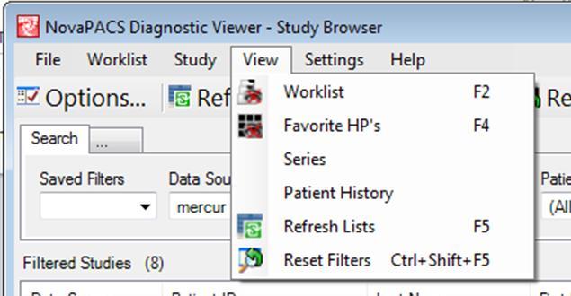 NovaPACS Diagnostic Viewer Chapter 6 Using the Study Browser View Menu The View Menu contains options for how information is displayed in the Study Browser window, as well as settings for the Hanging