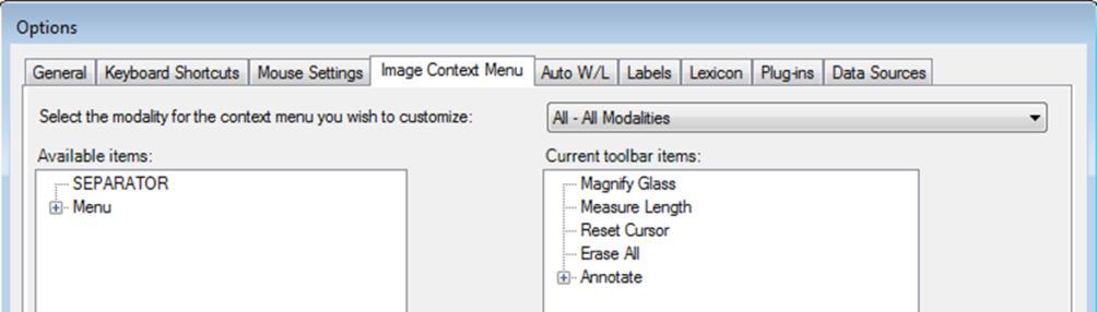 Chapter 7 Using the Study Browser Settings Menu D. Image Context Menu Tab The Image Context Menu allows users to add or remove options in the various modality Image Context menus.