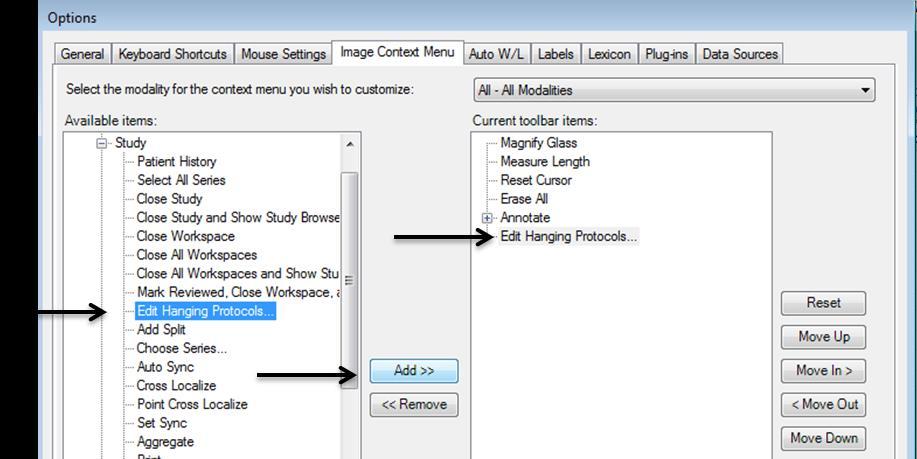 Chapter 7 Using the Study Browser Settings Menu 3. Removing Image Context Functions To remove Image Context Functions from a specific modality s Image Context Menu, complete the following steps: a.