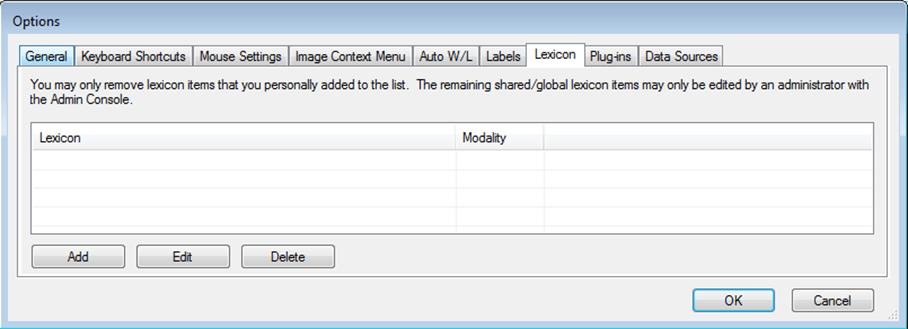 Chapter 7 Using the Study Browser Settings Menu 1. Viewing the Lexicon Tab To open the Lexicon Tab, click on the Settings Menu on the Study Browser s main toolbar, and select Options.