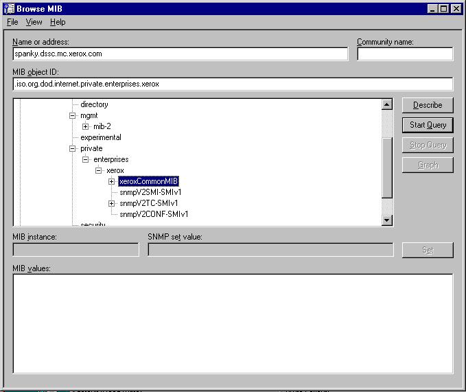 Using CentreWare for Tivoli NetView SNMP MIB Browser Menu Item The Tools -> SNMP MIB Browser selection will display a MIB browser that allows the user to search for, select, view, and set values for