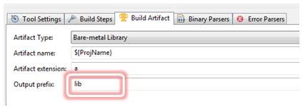Click the Build Artifacts tab and make the following settings: - Artifact extension: a - Output Prefix: lib d.