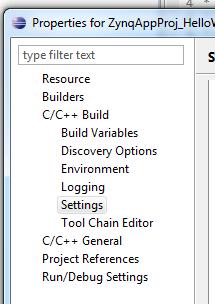 In the Properties wizard, navigate to C/C++ Build > Settings and modify the following settings of the