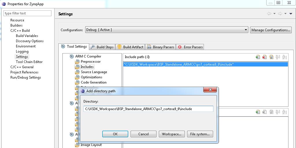 Step 3 - DS-5 Tools: Application Build - In the ARM C Compiler, set the Include paths for referenced header
