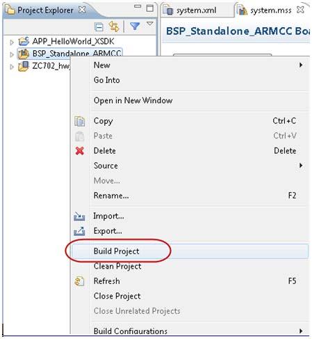 Step 2 - DS-5 Tools: BSP Import and Build e. Right-click the BSP project and select Build Project. f.