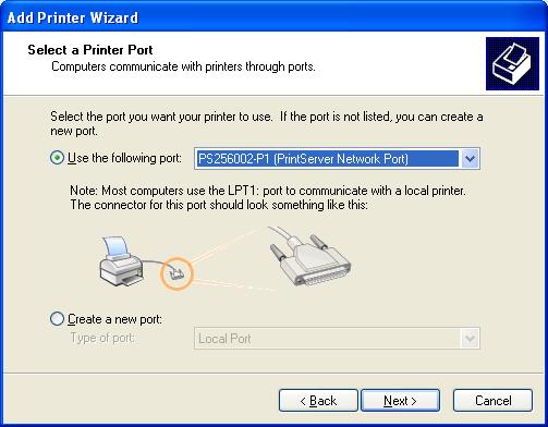 Step5. Choose the suitable Printer server Network Port which was created by the Administrator Installation or Client Installation process and click Next. Step6.