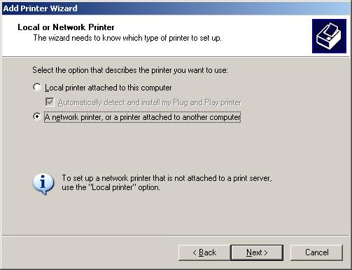 2. Select A network printer, or a printer attached