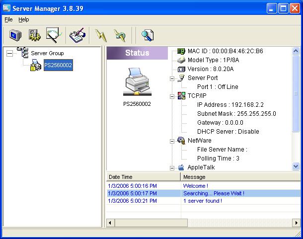 7.3 Status of Printer server Click Status icon on the tool bar, the status of the current selected printer server will be showed on the right side of the window.