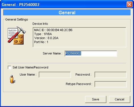 7.5 General Configuration Double Click General icon and the General configuration window will pop-up. You can see basic printer server information in this page.