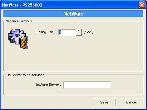 7.7 Netware Printer server Configuration Double Click NetWare icon and the NetWare configuration window will pop-up. This printer server supports NetWare Bindery Printing method.
