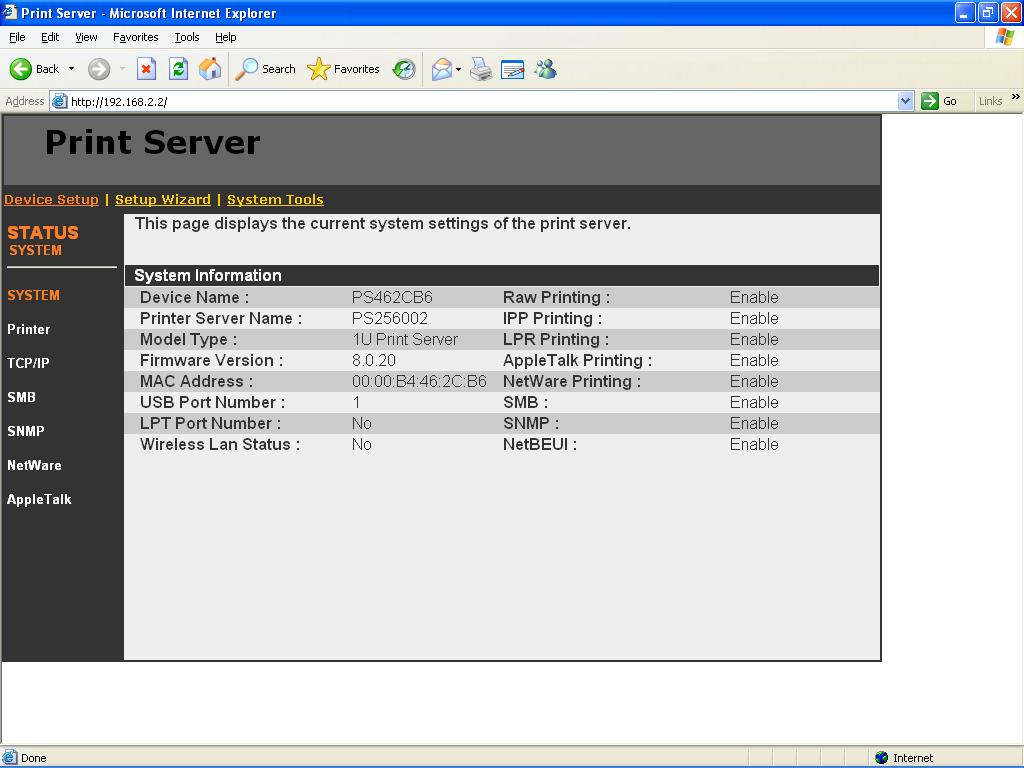 8.3 Device Status 8.3.1 System System Information includes Device Name, Printer server
