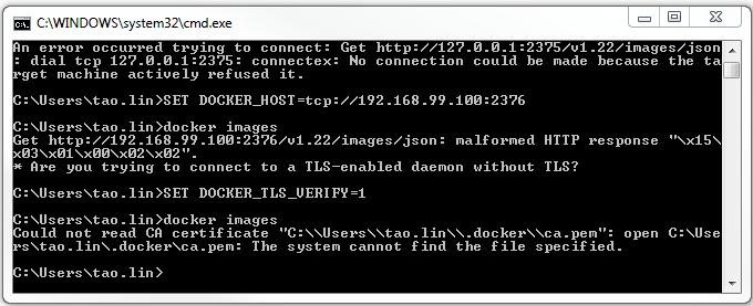 It looks like we need to set up the certificate path. Docker Toolbox installation already provides one. Use the following command to set it up: SET DOCKER_CERT_PATH=%USERPROFILE%\.