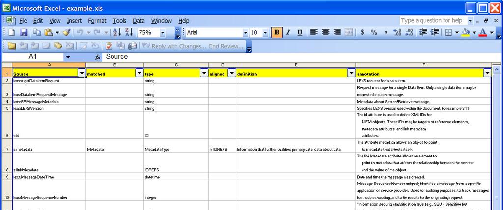 Example cross-reference spreadsheet Formatted view