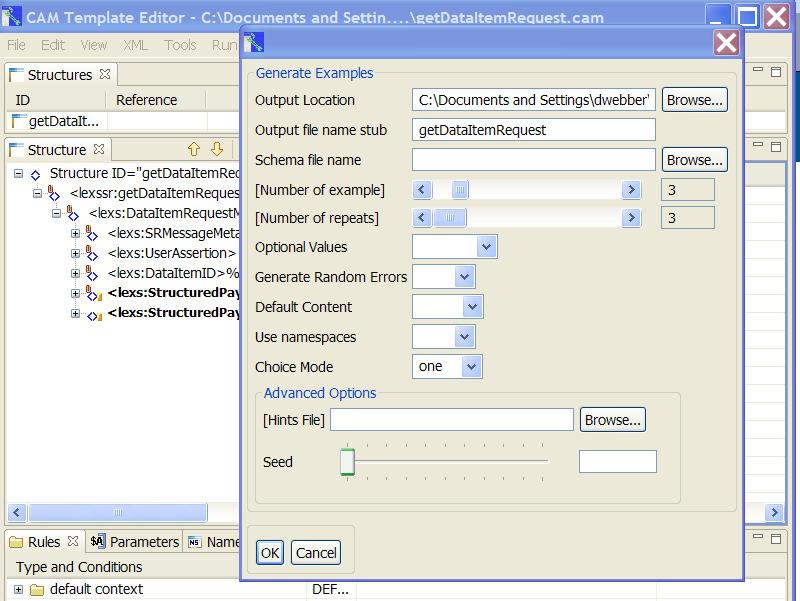 XML example generation wizard View of CAM toolkit with LEXS getdataitemrequest and dialogue for