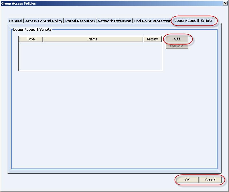 Figure 3.6: Tab: Logon/Logoff Scripts in the dialog box: Group Access Policies 6. Click on the button: Add to open the dialog box: Add Script.